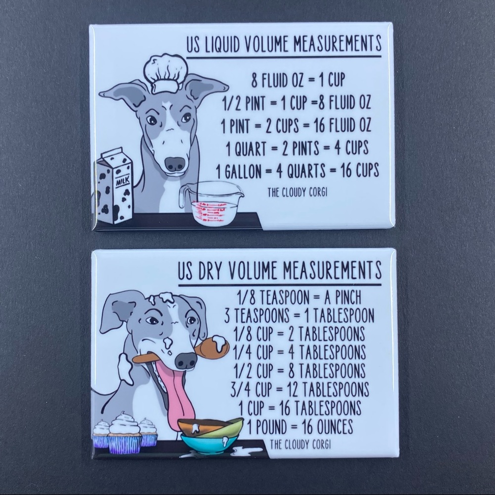 Gray and White Greyhound Dog Measuring Chart Magnet Set Cooking Baking Guide